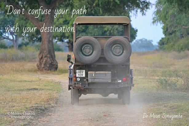 Short inspirational quotes - do not confuse your path with your destination. Dusk game viewing, South Lunagwa National Park, Zambia.